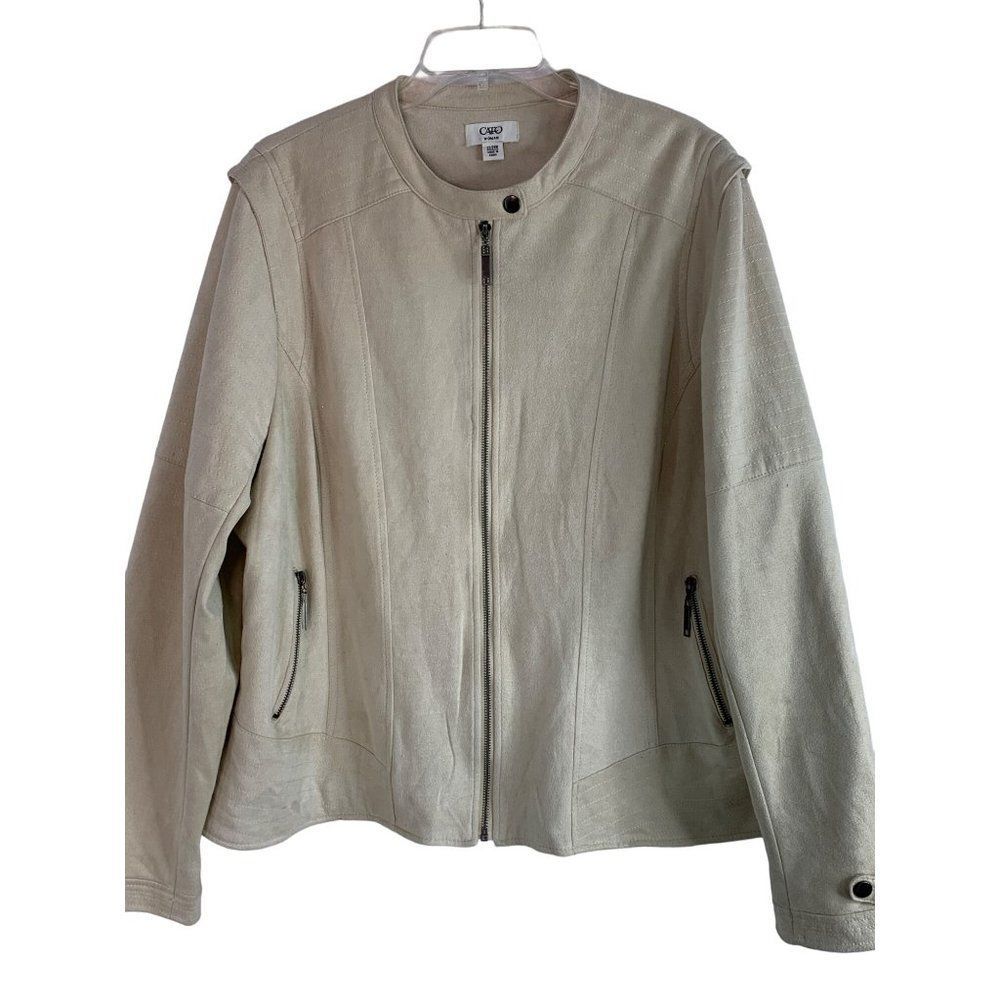 CATO Woman Jacket 22-24W Beige Microsuede Full ZIP EUC Lined 6193 Zip Pockets